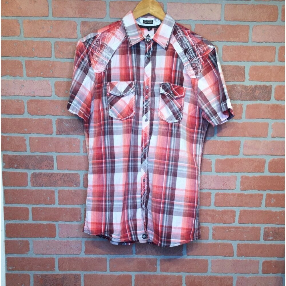 Roar Mens Red Plaid Button Up Shirt Size L Embroidered Cross Western Rock